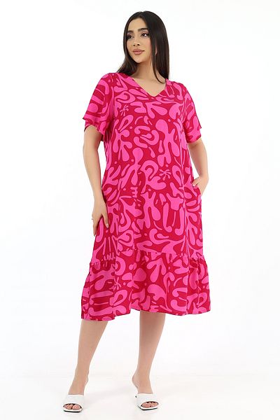 SCHIK Rochie de damă din viscoză cu jumătate de mânecă, cu decolteu în V, cu buzunare, cu volane, fucsia