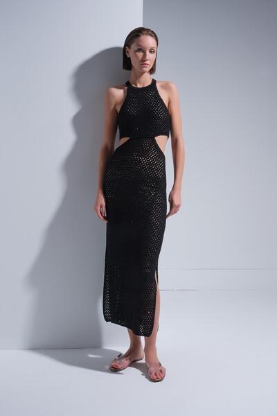 JOIN US Ajurlu Bel Dekolteli Siyah Midi Elbise