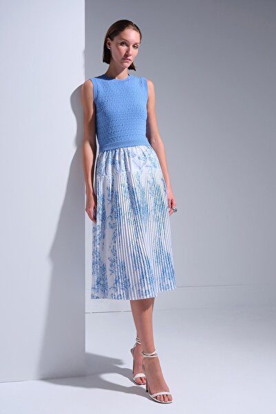 JOIN US Kolsuz Piliseli Kumaş Midi Mavi Elbise