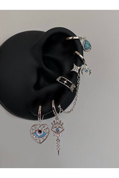 h&b design jewel Çelik Silver Mavi Göz Detaylı 6 Lı Küpe Seti