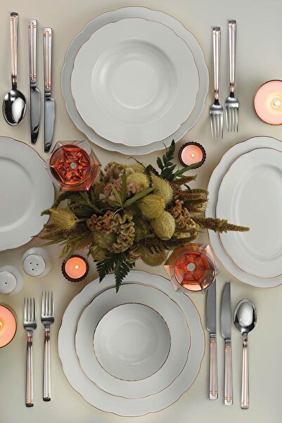 Kütahya Porselen İnci Bone Olympos 53 Parça 12 Kişilik Yemek Takımı Bakır File