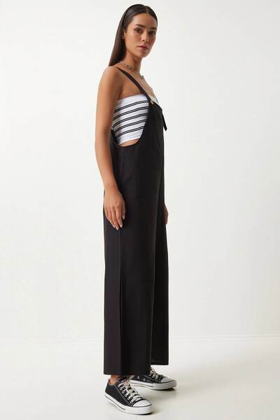 bacc Women's Dark Black Summer Gabardine Gardener Overalls with Front Pocket and Straps