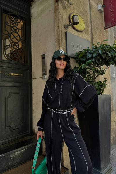 JANES Tie Bluz Pant Suit Chenille Fabric - Black