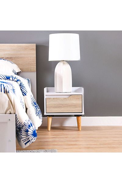 Danube Home طاولة جانبية متعددة الاستخدامات من أورورا - لون أبيض/بلوط طبيعي - الطول: 35 سم × العرض: 40 سم × الارتفاع: 44 سم