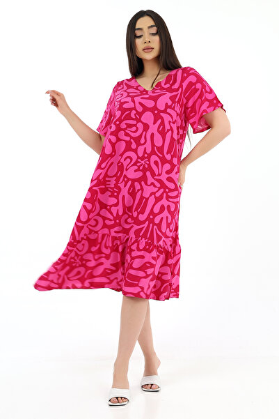 SCHIK Women's Viscose Half Sleeve V-Neck Pocket Ruffle Dress Fuchsia