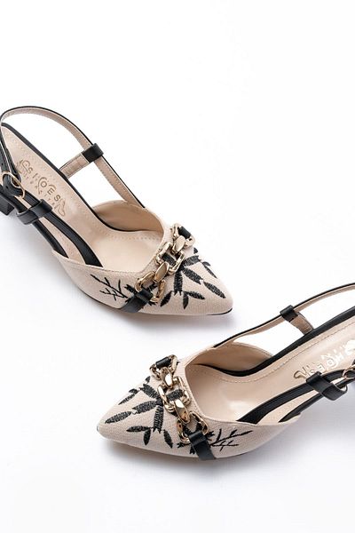 Moda Asmira K-250 Black Linen Daily Open Back Buckle Heeled Women's Shoes