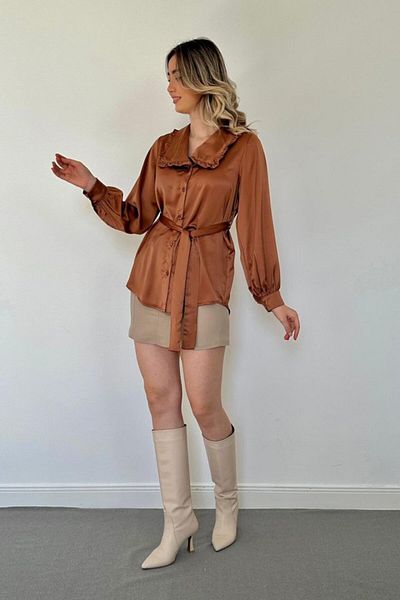 MRA Fashion Brown Satin Shirt with Ruffled Collar and Belt