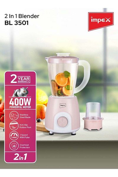 İMPEX 2 in 1 Blender 1.4L 400W Mixer Grinder BL 3501 - 2 Speed with Pulse Control 4 Stainless Steel Blade