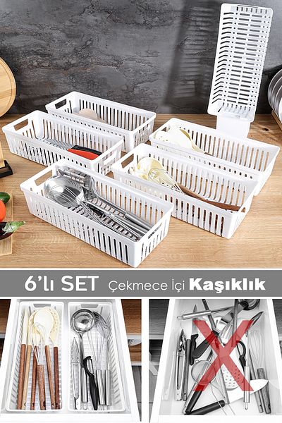 Meleni Home Σετ 6 αρθρωτών μαχαιροπήρουνων - Organizer κουζίνας Συρτάρι Organizer Μαχαιροπήρουνα Λευκό
