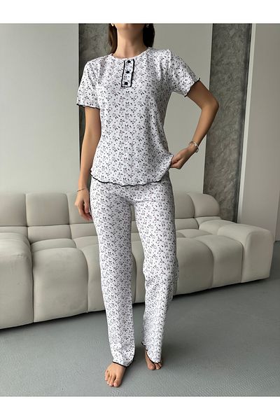 pijamania Patterned Corded Cotton Button Detailed Short Sleeve Pajama Set
