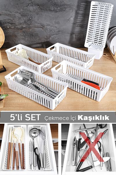 Meleni Home Σετ 5 αρθρωτών μαχαιροπήρουνων - Organizer κουζίνας Συρτάρι Organizer Μαχαιροπήρουνα Κουτάλα Λευκό