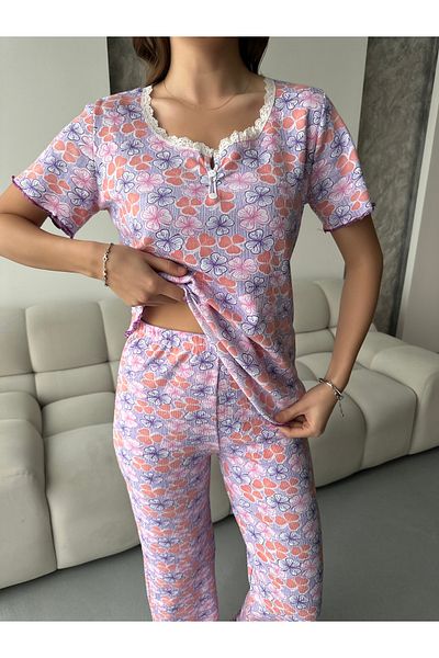 pijamania Patterned Corded Cotton Lace Detailed Short Sleeve Pajama Set