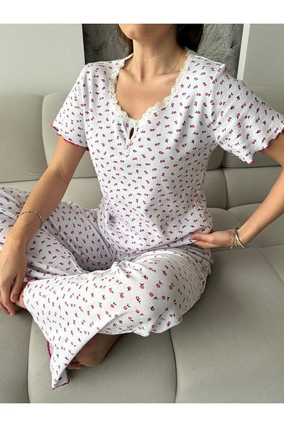 pijamania Patterned Corded Cotton Lace Detailed Short Sleeve Pajama Set