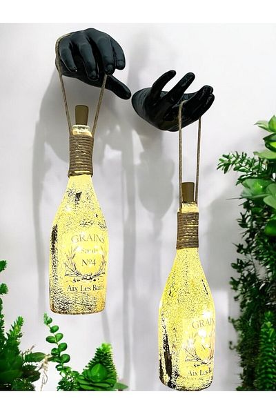 Mes Reves Handmade Black Men's Hand Statue Decorated Fairy LED Lighted Frosted Glass Champagne Bottle Sconce Set of 2