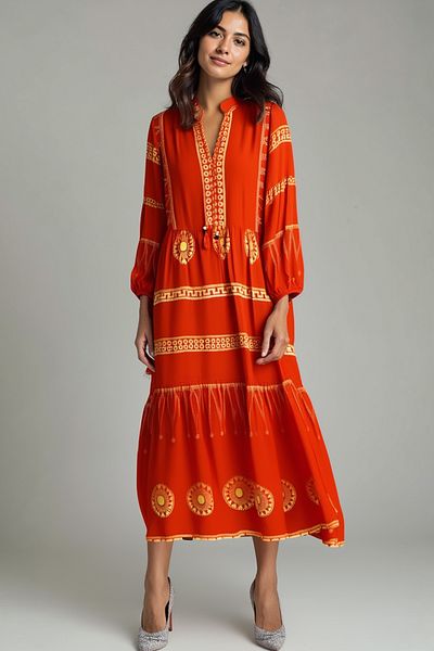 AYASOFYA OTANTIK Women's Orange Ethnic Patterned Balloon Sleeve Loose Long Dress with Judge Collar