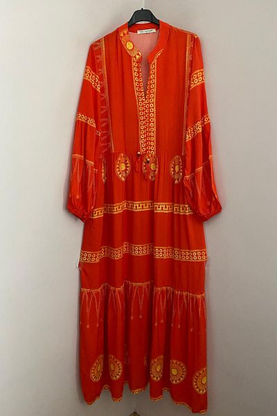 AYASOFYA OTANTIK Women's Orange Ethnic Patterned Balloon Sleeve Loose Long Dress with Judge Collar