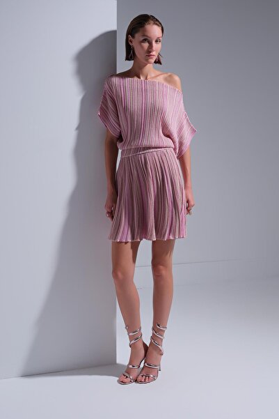 JOIN US Kayık Yaka Çizgili Pembe Bluz