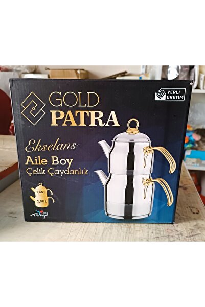 ASLANKAR Gold Patra Büyük Boy Çelik Çaydanlık Aile Boyu Metal Kulp Demlik Set. Üst 1.5 Lt Alt 3 Lt.