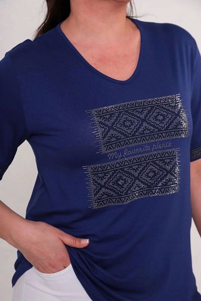 Bİ.GİYSEN Women's Navy Blue Large Size Front and Sleeve Tip Ethnic Pattern Crystal Stone Embroidered Short Sleeve Blouse