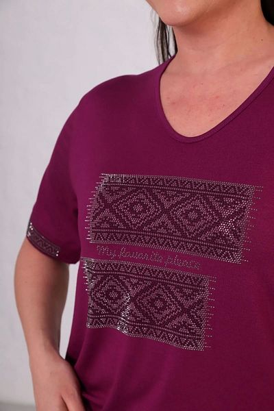 Bİ.GİYSEN Women's Plum Large Size Front and Sleeve Tip Ethnic Pattern Crystal Stone Embroidered Short Sleeve Blouse