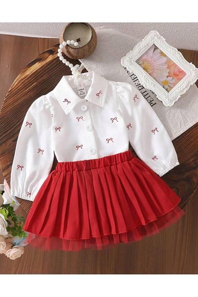 Yalçınoğlu Kids Chic Girl Set - Long Sleeve Shirt with Red Skirt and Bowknot Conures