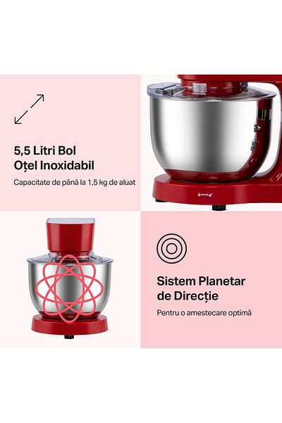STARCREST Robot de bucatarie STARCREST SKM-1500RD, 1500W, Bol 5.5 L Inox, 5 Accesorii, 6 Viteze