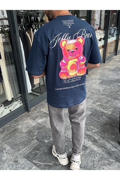BYBASICMAN Navy Blue Neon Bear Embossed Oversize T-Shirt Yp-5052