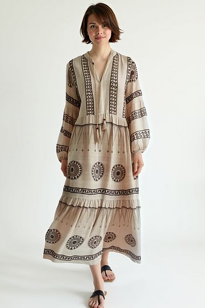 AYASOFYA OTANTIK Women's Beige Ethnic Patterned Balloon Sleeve Loose Long Dress with Judge Collar