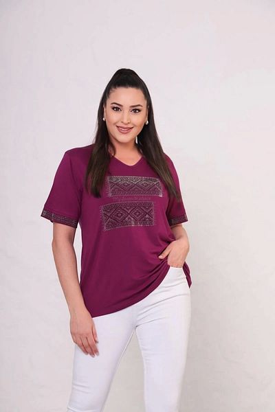 Bİ.GİYSEN Women's Plum Large Size Front and Sleeve Tip Ethnic Pattern Crystal Stone Embroidered Short Sleeve Blouse