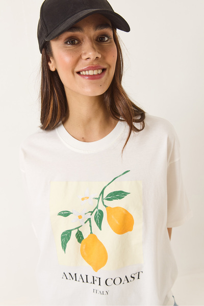 Bianco Lucci Γυναικείο μπλουζάκι με στάμπα λεμόνι, λευκό βαμβακερό χτενισμένο υπερμεγέθη 251047 60283126