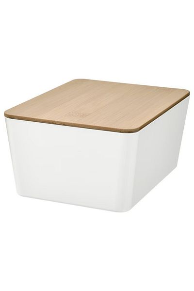 IKEA KUGGIS Box with Lid – White/Bamboo, 13x18x8 cm | Stackable Storage Organizer
