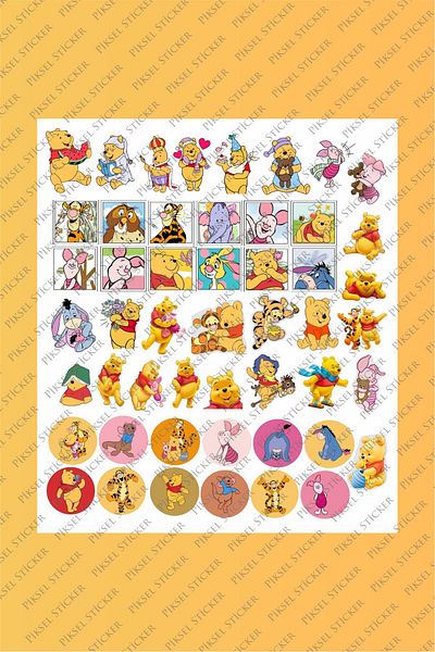 Piksel Grafik Winnie the Pooh 50 Pieces Sticker Set - Pen, Laptop Notebook Water Bottle Sticker