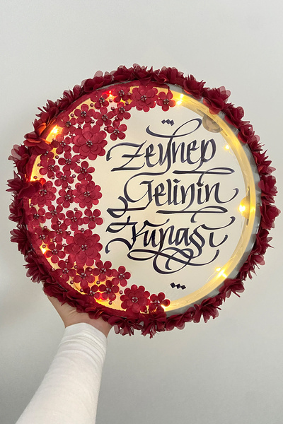 ZEYMERADE Bordo Ledli Şeffaf Gelin Tefi 32cm 3d Çiçek Parlak Taş İncili Düğün...