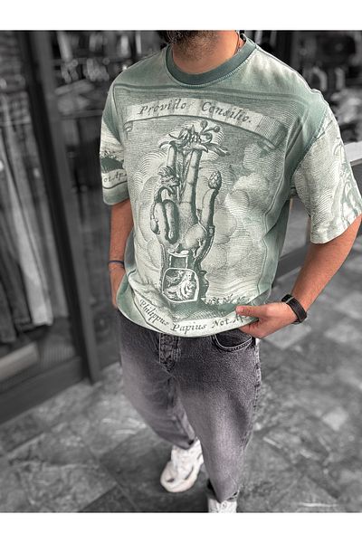 BYBASICMAN Khaki Washed Digital Printed Oversize T-Shirt Yp-5059