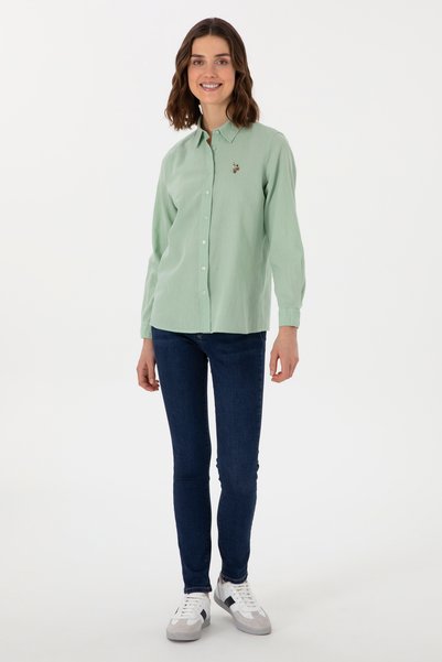 U.S. Polo Assn. Women's Water Green Linen Blend Long Sleeve Basic Shirt 50298098-Vr048