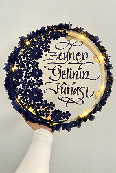 ZEYMERADE Lacivert Ledli Şeffaf Gelin Tefi 32cm 3d Çiçek Parlak Taş İncili Dü...