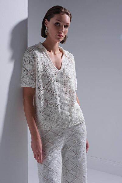 JOIN US Ajurlu Polo Yaka Ekru Bluz