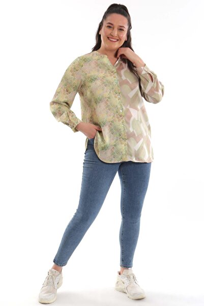 Metpoint Trend42plus Büyük Beden C Yaka Mozaik Desen Baskılı Yeşil Gömlek