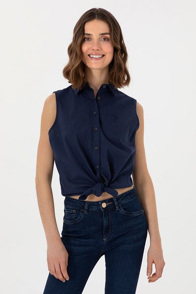U.S. Polo Assn. Cămașă cu mânecă scurtă pentru femei, albastru bleumarin, amestec de in 50298111-VR033