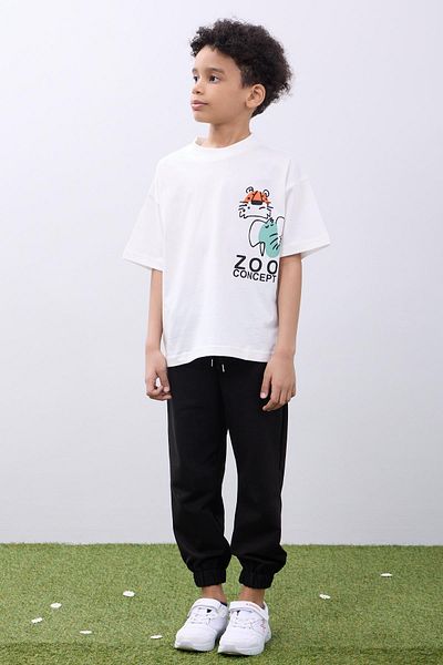 Perendi Μπλουζάκι 100% Cotton Double Zoo Printed - Double Boy Oversize T-Shirt Ecru/Smoked