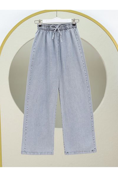 Modamorfo Wide Leg Elastic Waist Lace Detailed Denim Trousers - Light Gray