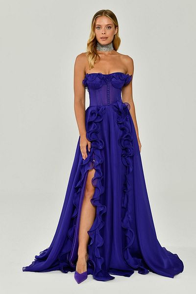 ALFABETA Strapless Ruffled Double Slit Chiffon Long Evening Dress