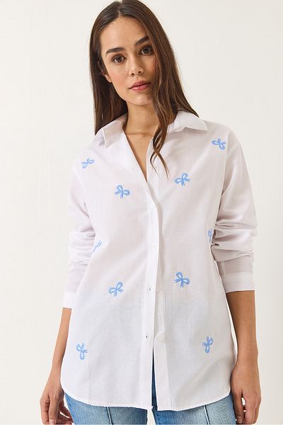 Bianco Lucci Women's Ribbon Embroidered Long Sleeve Regular Shirt 60284027