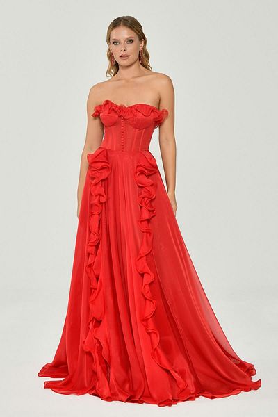 ALFABETA Strapless Ruffled Double Slit Chiffon Long Evening Dress