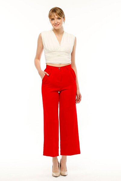 dk denemekabini بنطلون بالازو نسائي ذو خصر عالي باللون الأحمر مع جيب مغطى بقص...