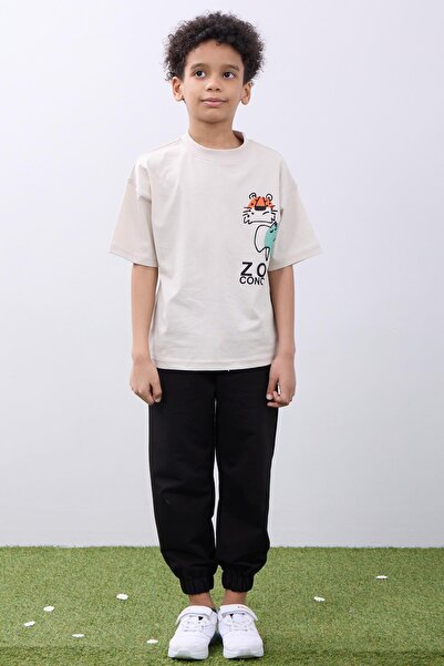 Perendi Μπλουζάκι από 100% βαμβάκι διπλό Zoo printed - Διπλό μπλουζάκι για αγόρια Oversize Stone/Haki