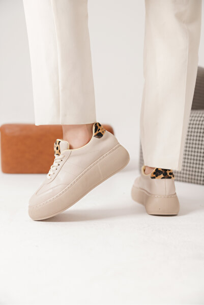 Moda Değirmeni Beige Skin Women's Leopard Patterned Thick Sole Sneaker Md1165-101-0002