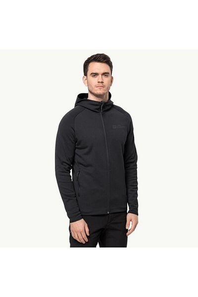 Jack Wolfskin Hanorac negru din lână termică pentru bărbați, cu ajustare normală 1710541 -6000 Baiselberg cu glugă Fz M