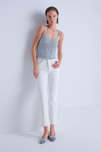 JOIN US Top crop albastru cu detaliu cu sclipici