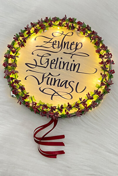 ZEYMERADE Bordo Ledli Şeffaf Gelin Tefi 32cm Cipsolu Saten Kurdele Düğün Kına...